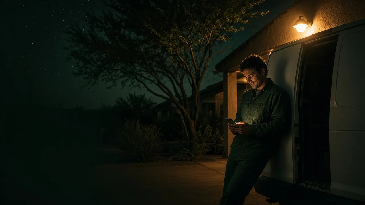 A tradesman leans on his work van at night under a porch light, smiling at his phone.